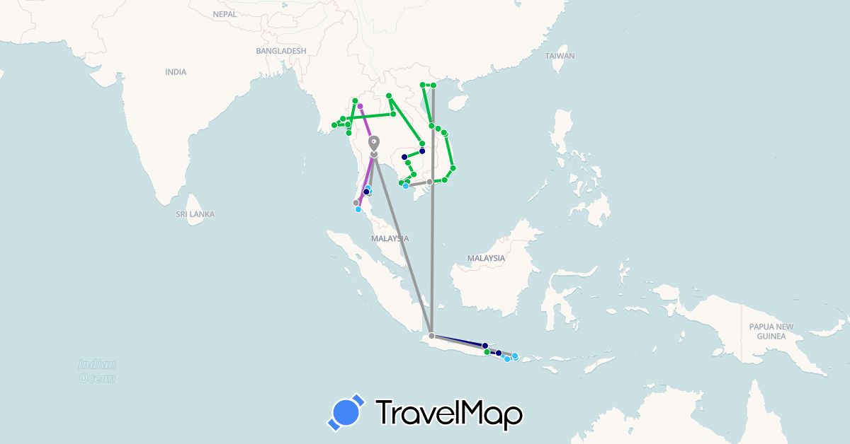 TravelMap itinerary: driving, bus, plane, train, boat in Indonesia, Cambodia, Laos, Myanmar (Burma), Thailand, Vietnam (Asia)